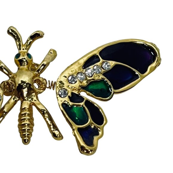 Gold Tone Rhinestone & Enamel Butterfly Brooch With Articulating Wings (5902) - Picture 3 of 6